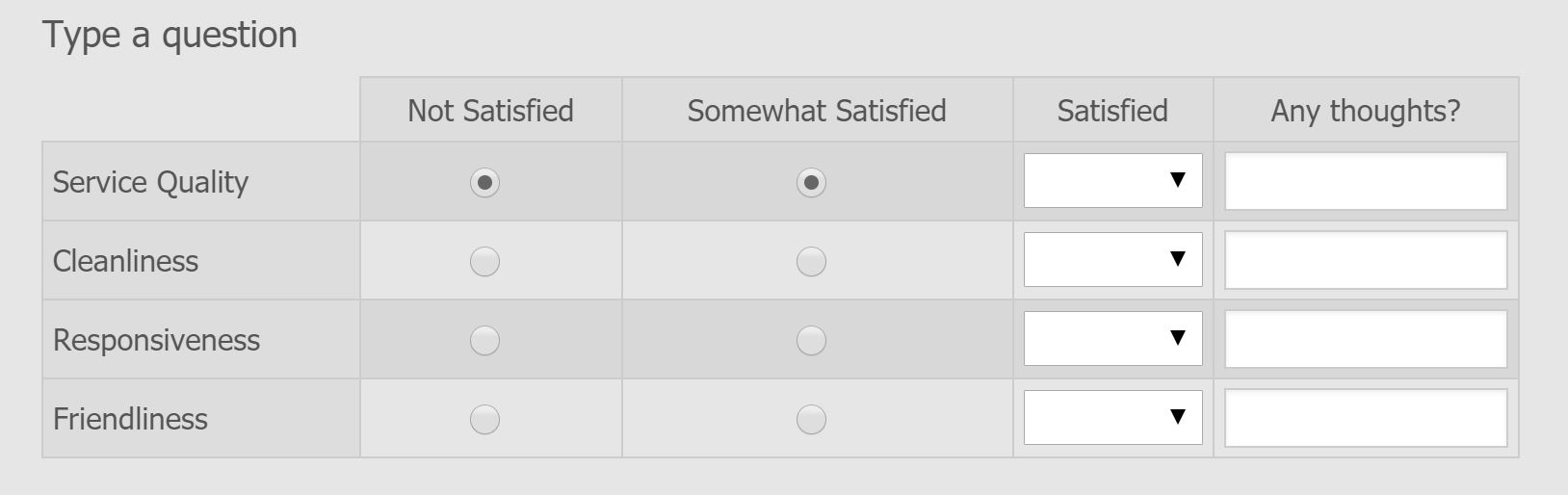 Input table Multi type radio button to select only 1 option